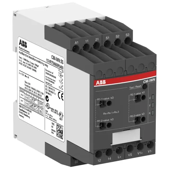 Реле контроля изоляции ABB CM-IWN.5S, 2 переключающих контакта, порог 1–100 кОм / 2–200 кОм, питание 24–240 В переменного/постоянного тока 1SVR750660R0400