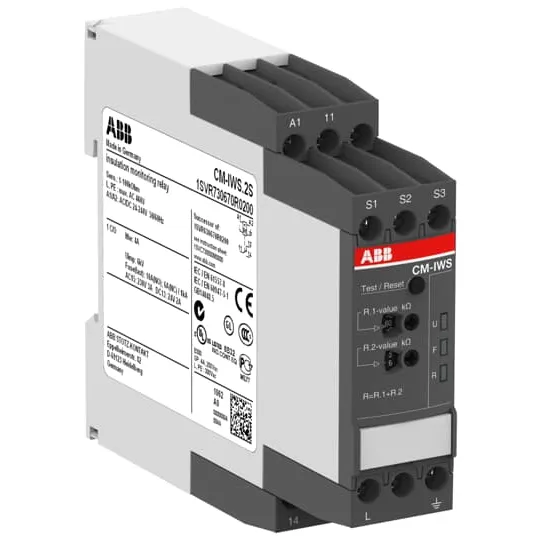 Реле контроля изоляции ABB CM-IWS.2S, 1 переключающий контакт, 1–100 кОм, 24–240 В переменного/постоянного тока 1SVR730670R0200